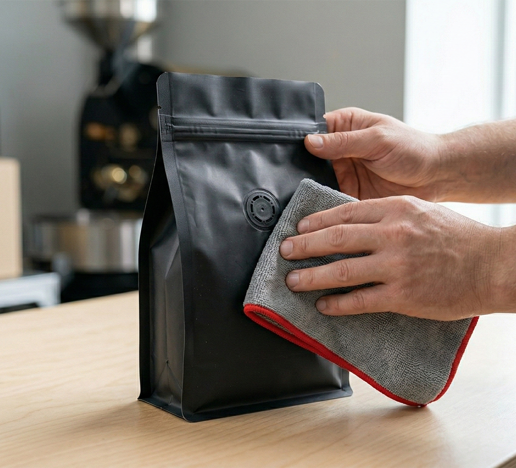 Cleaning black coffee packaging bag