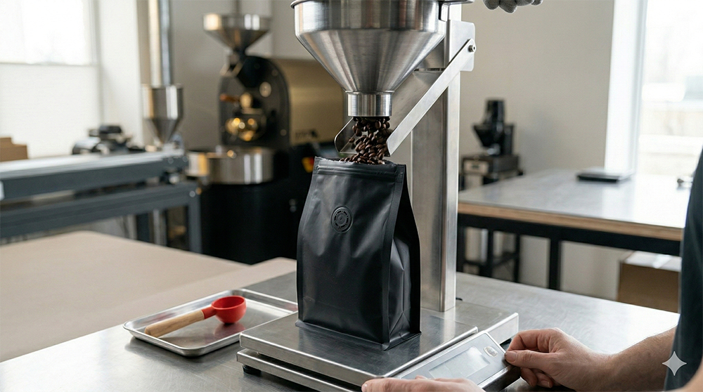 Filling black coffee packaging bag with beans