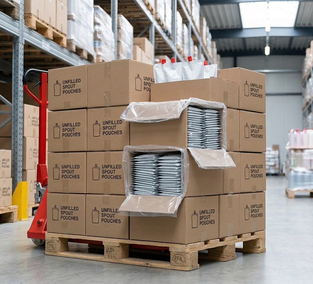 Unfilled spout pouches in a warehouse