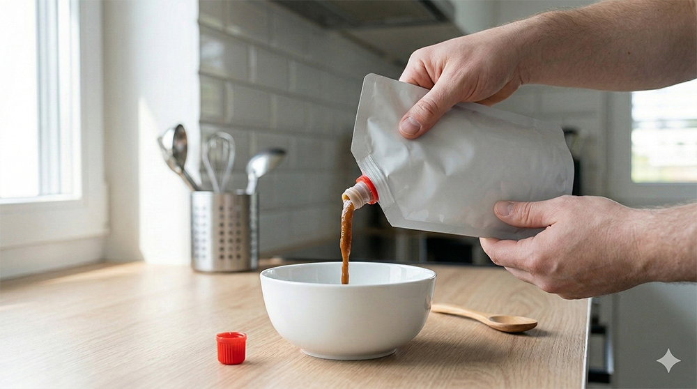 Pouring liquid from a spout pouch into a bowl