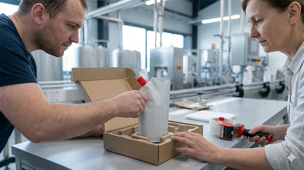 Workers packing a spout pouch into a box