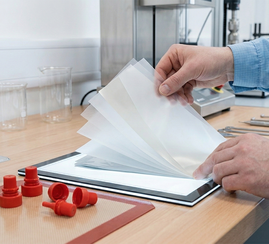 Packaging material sheets with spout caps in a laboratory setting for spouted pouches