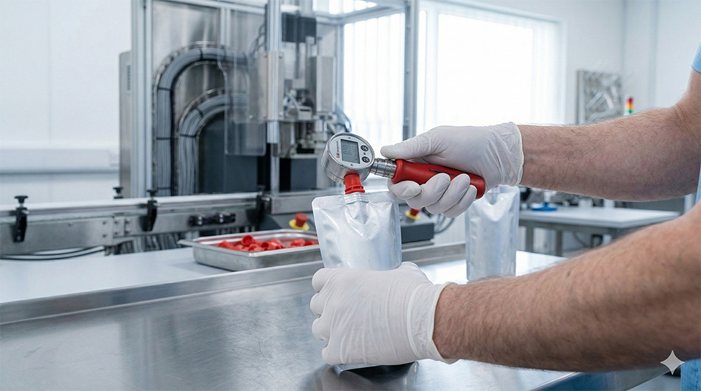 Technician using measurement tools on spouted pouch in manufacturing facility