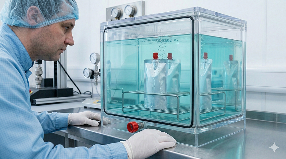 Technician checking spouted pouches submerged in water for quality testing