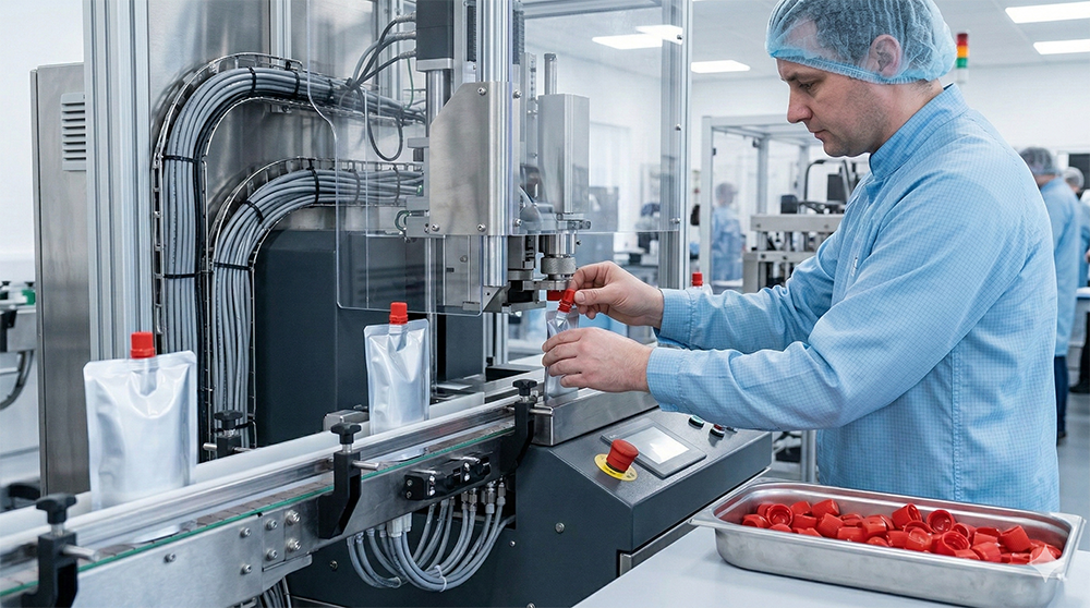 Technician assembling spouted pouches with red caps on production line
