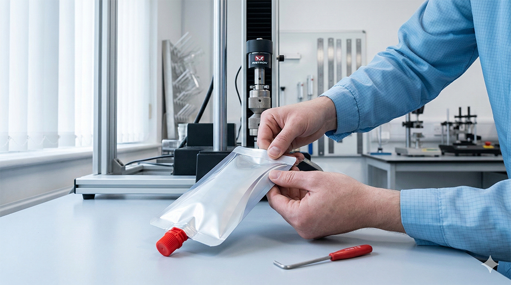 Technician checking seal of spoutTechnician checking seal of spouted pouch in laboratory settinged pouch in laboratory setting