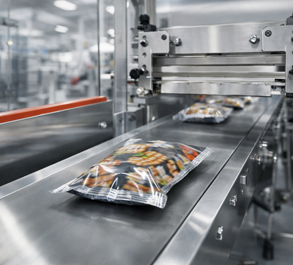 Snack packets on custom printed rollstock machine in industrial setting.