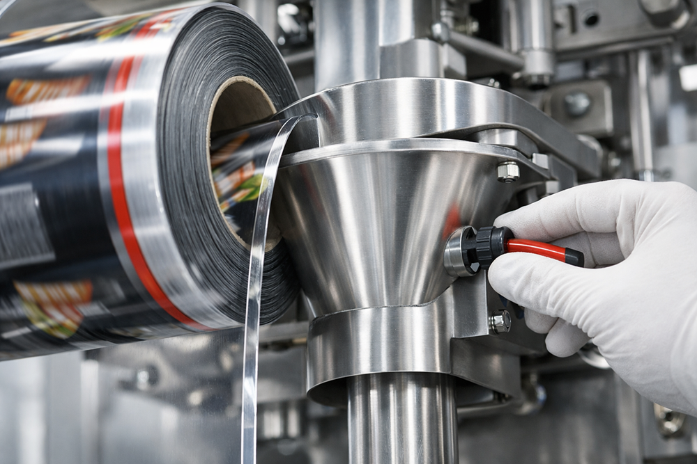 Custom rollstock film being threaded into a packaging machine.
