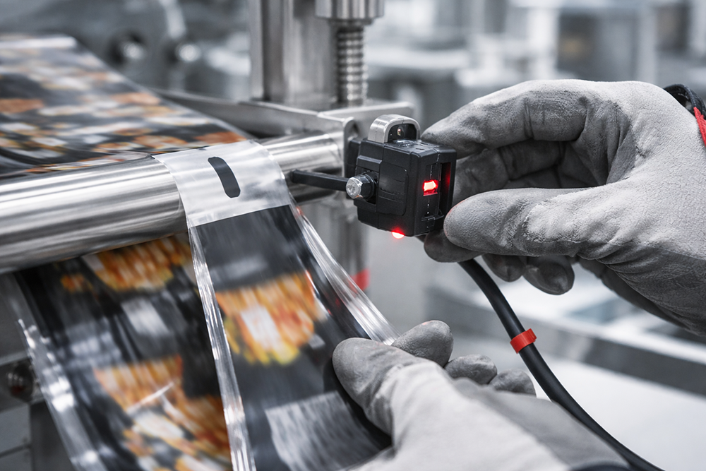 Technician ensuring precise alignment of rollstock film in packaging machine.