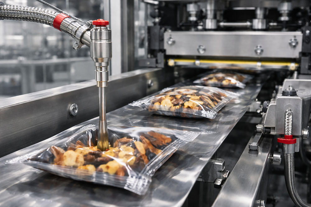 Machine sealing snack packs using custom printed rollstock.