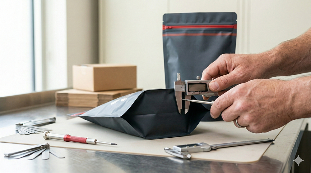 Measuring dog food bag dimensions for sustainable pet product packaging