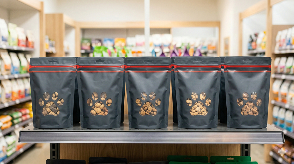 Display of branded dog food packaging design in a store