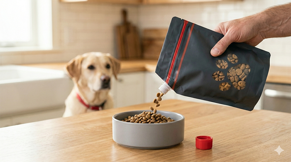 Pouring dog food from resealable packaging for pet food branding