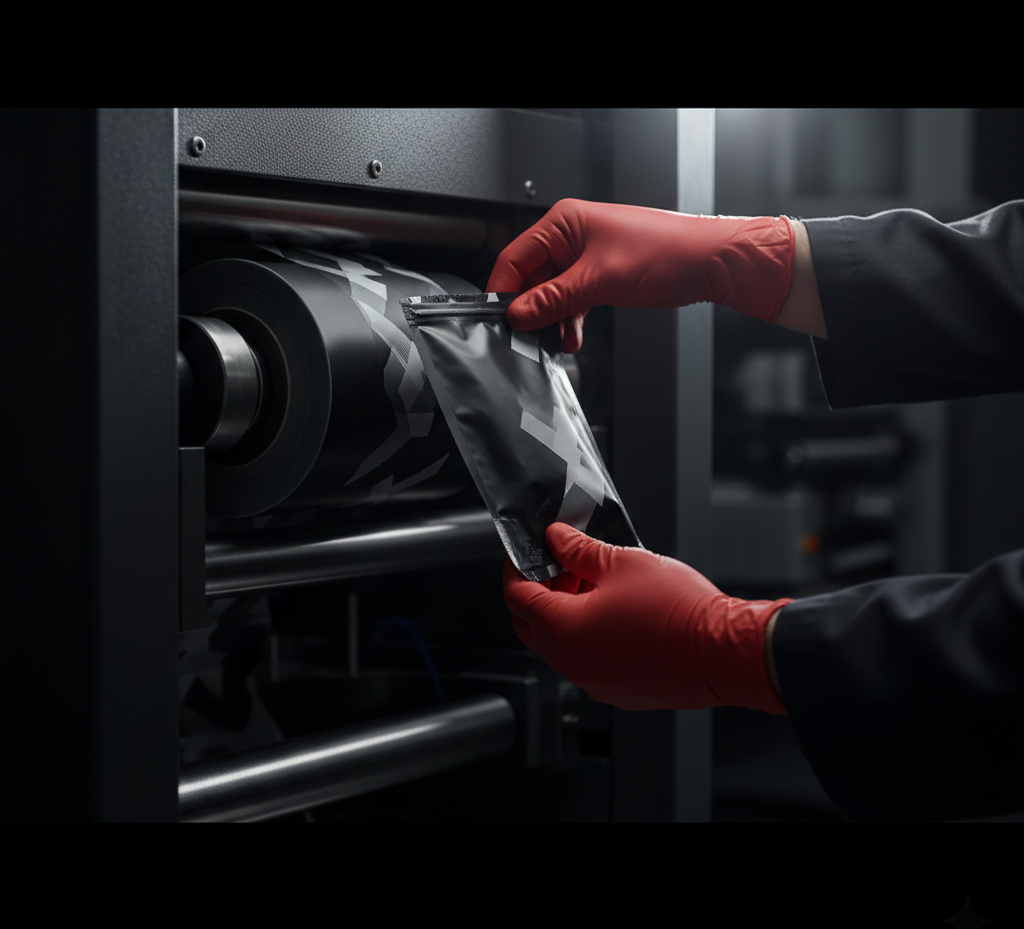 Custom packaging being handled with red gloves at a machine