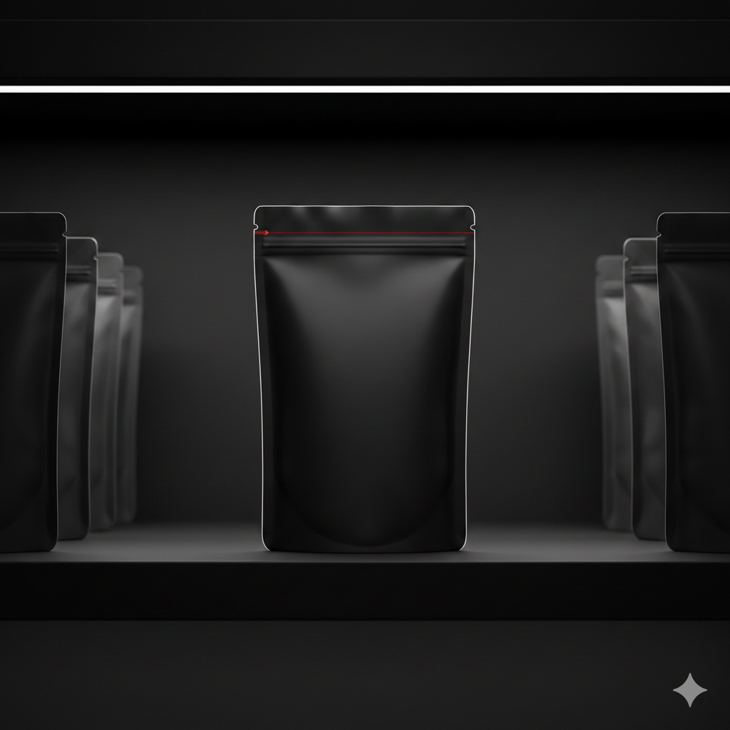 Sleek black custom packaging pouches on a shelf