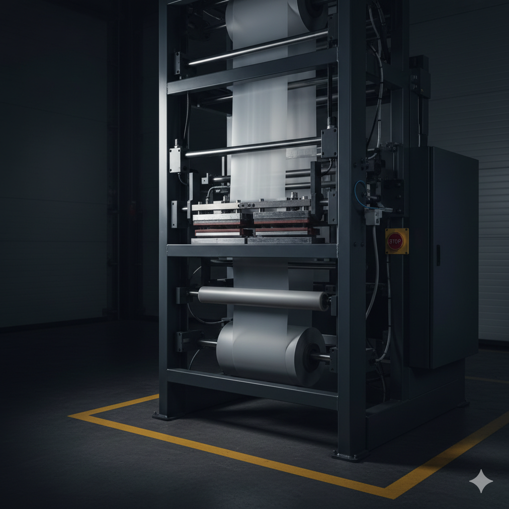 Machinery producing sustainable pet food packaging materials in a factory