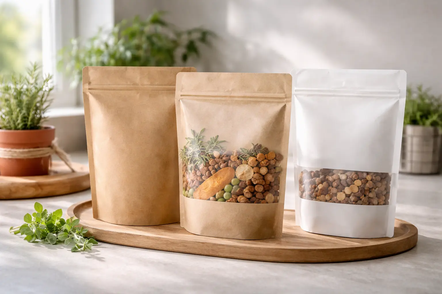 Eco-friendly kraft and white stand up pouches with dried food.