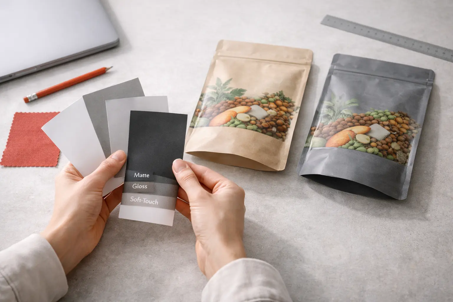 Matte, gloss, and soft-touch finish cards with stand up pouches.