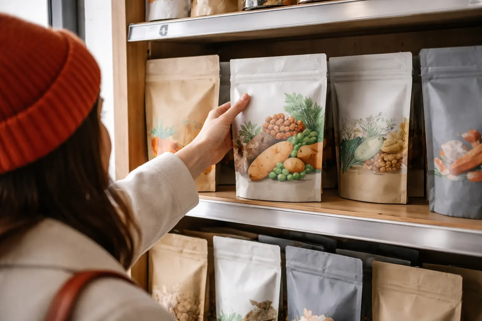 Person selecting a stand up pouch from a store shelf.