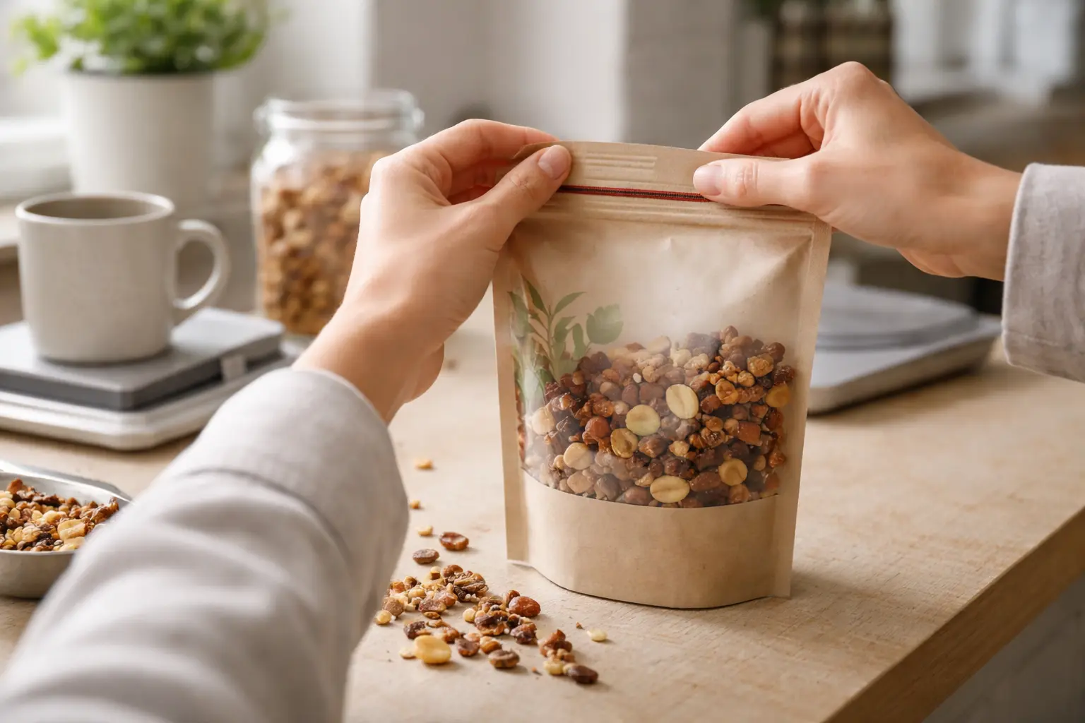 Hands sealing a stand up pouch containing mixed nuts.