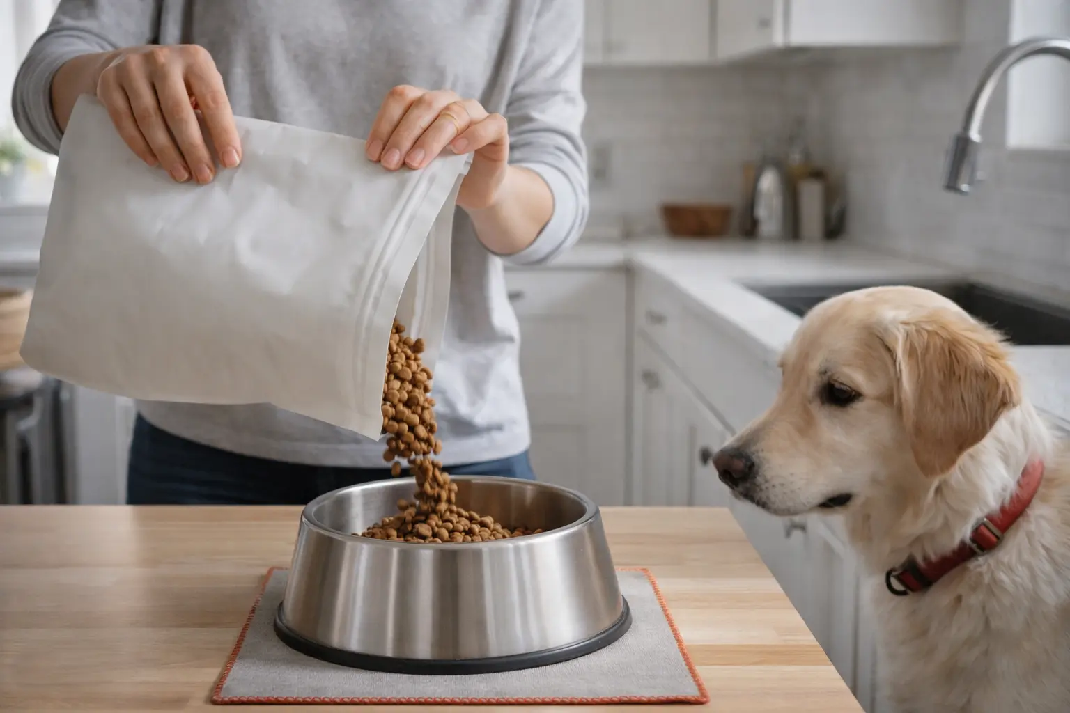 Person pouring pet food from resealable packaging into bowl
