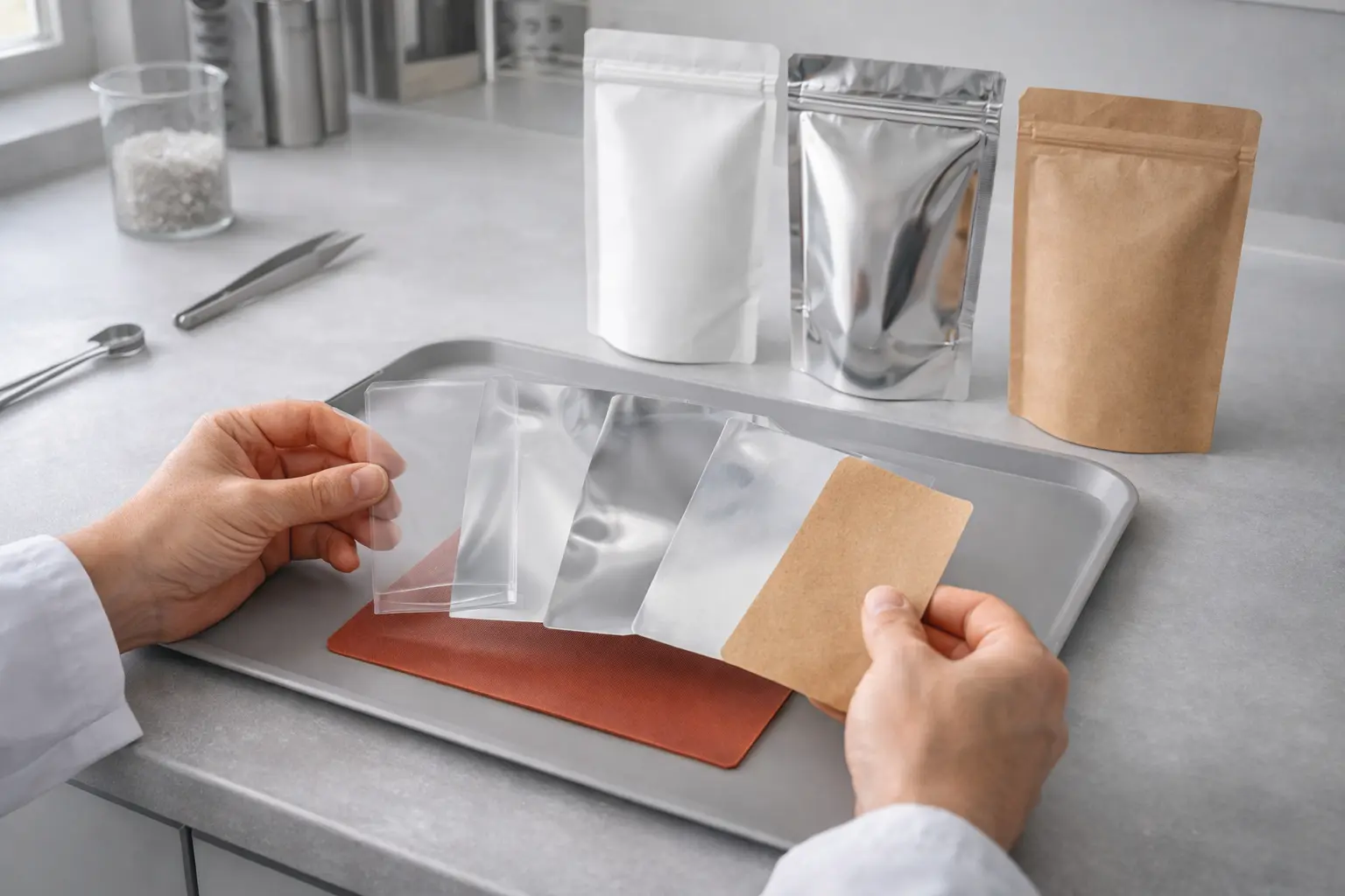 Different packaging materials for stand up pouches on a countertop.