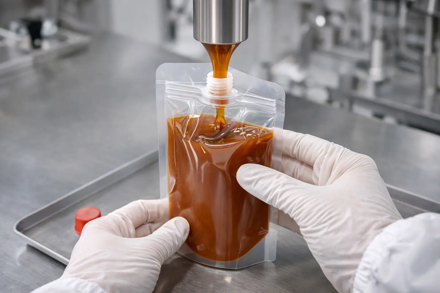 Filling a stand up pouch with sauce in a production facility.