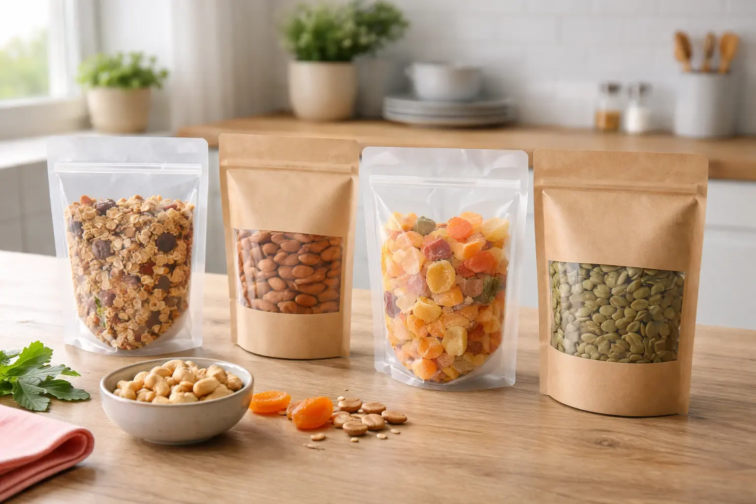 Assorted snacks in stand up pouches on a countertop.