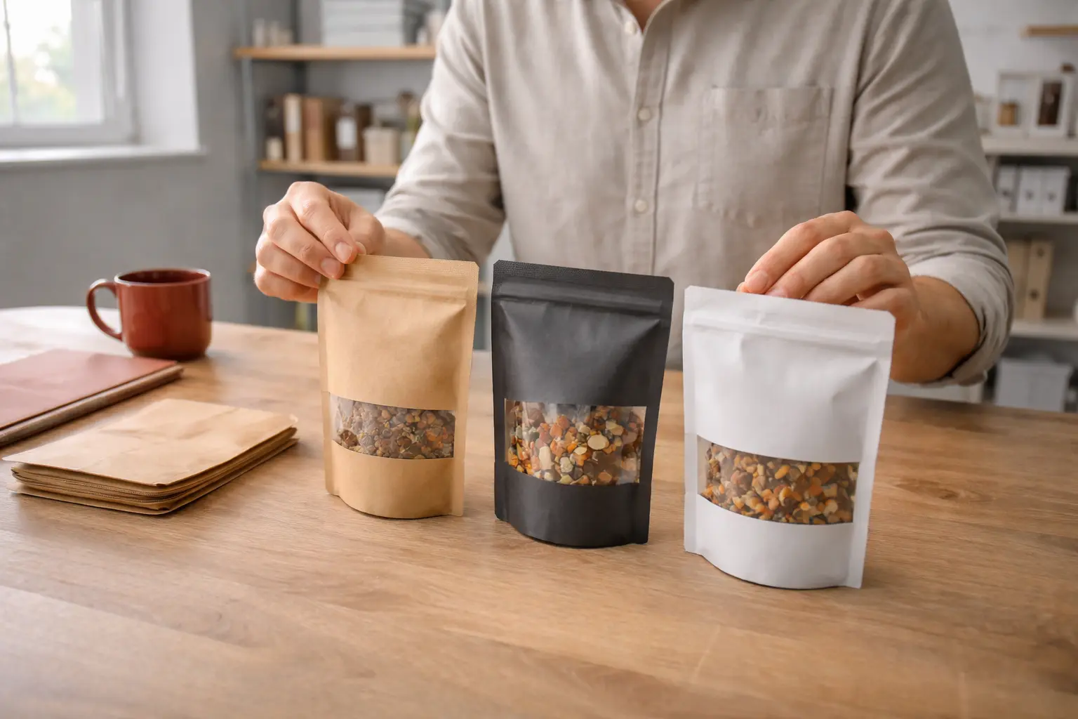 Arranging windowed stand up pouches on a table.