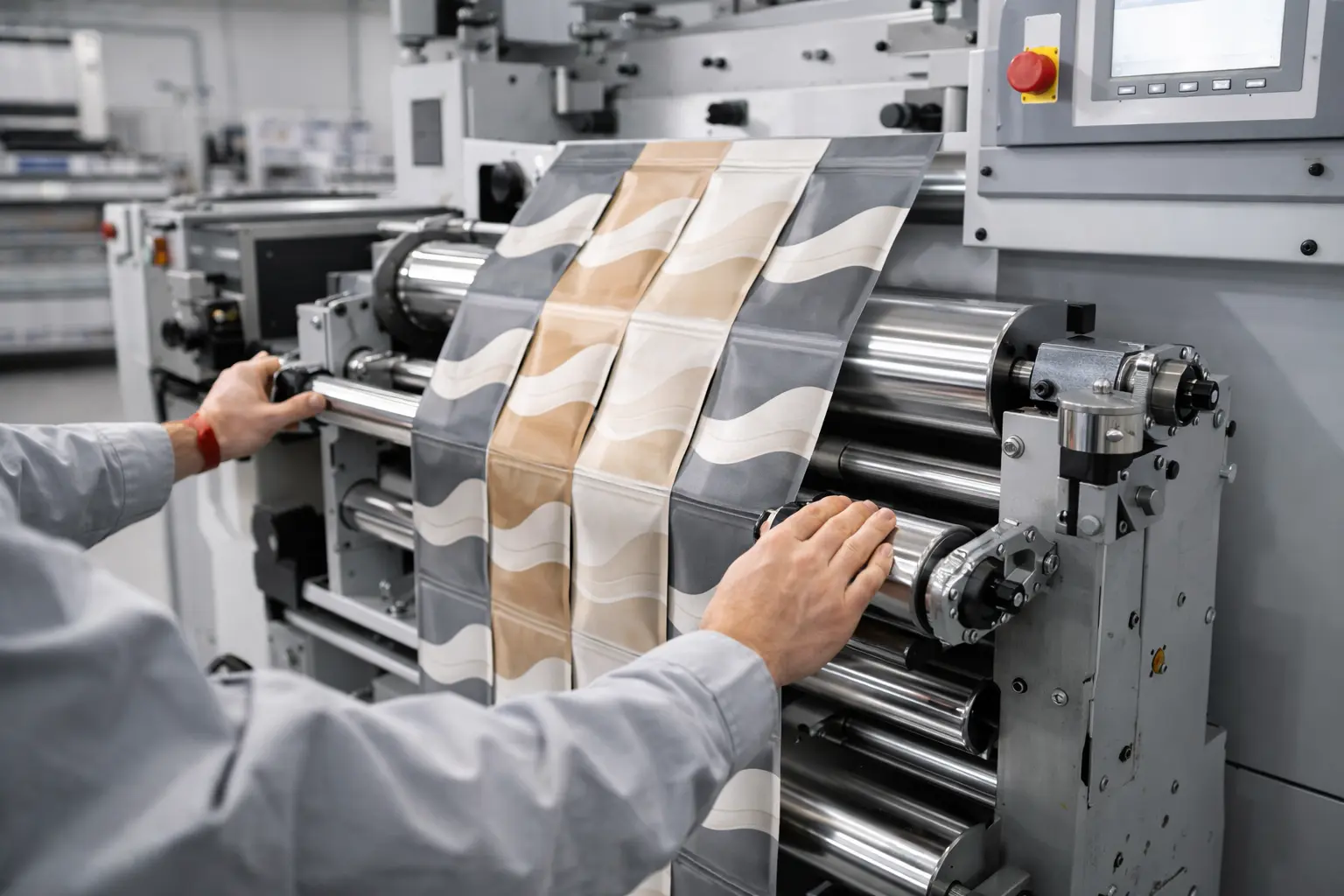 Machinery in operation for printing stand up pouches