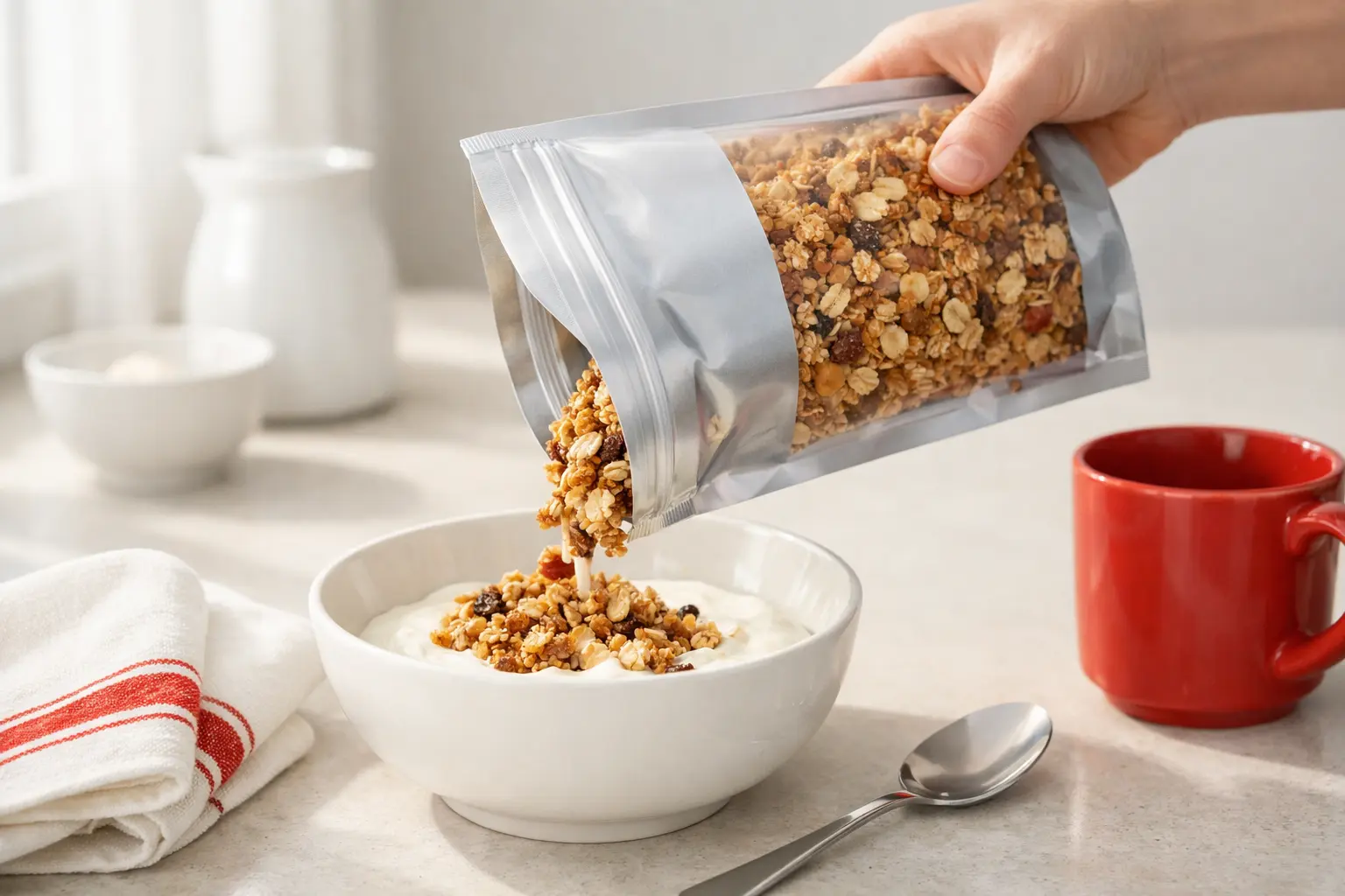 Granola pouring from a stand up pouch into yogurt bowl