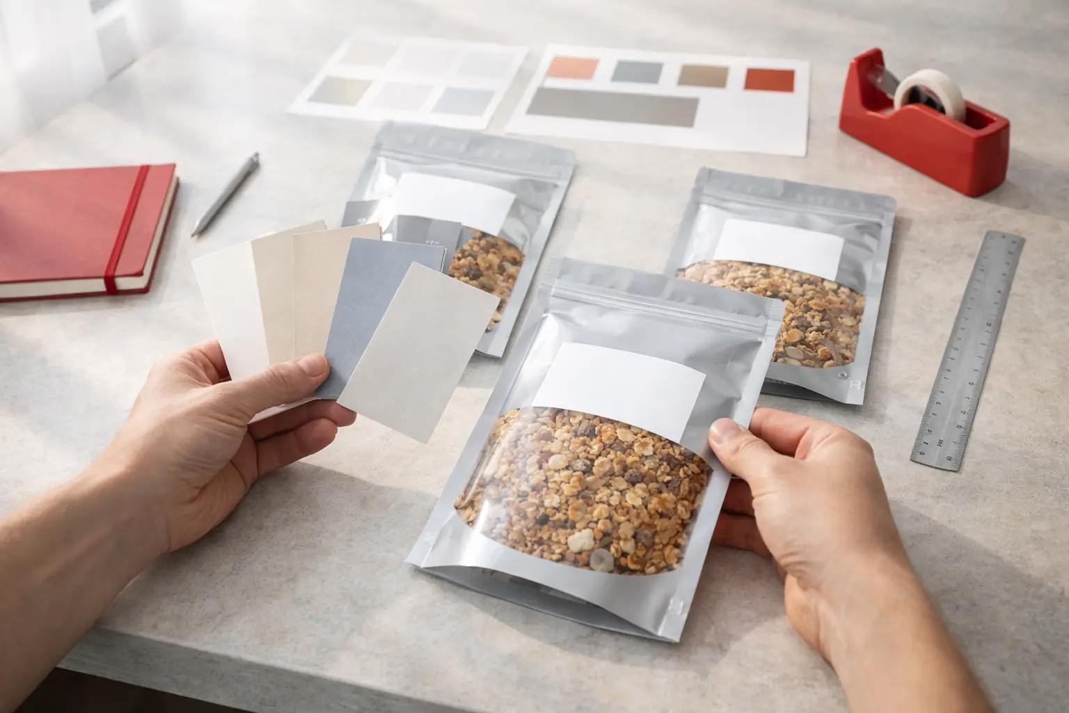 Stand up pouches with design options and color swatches