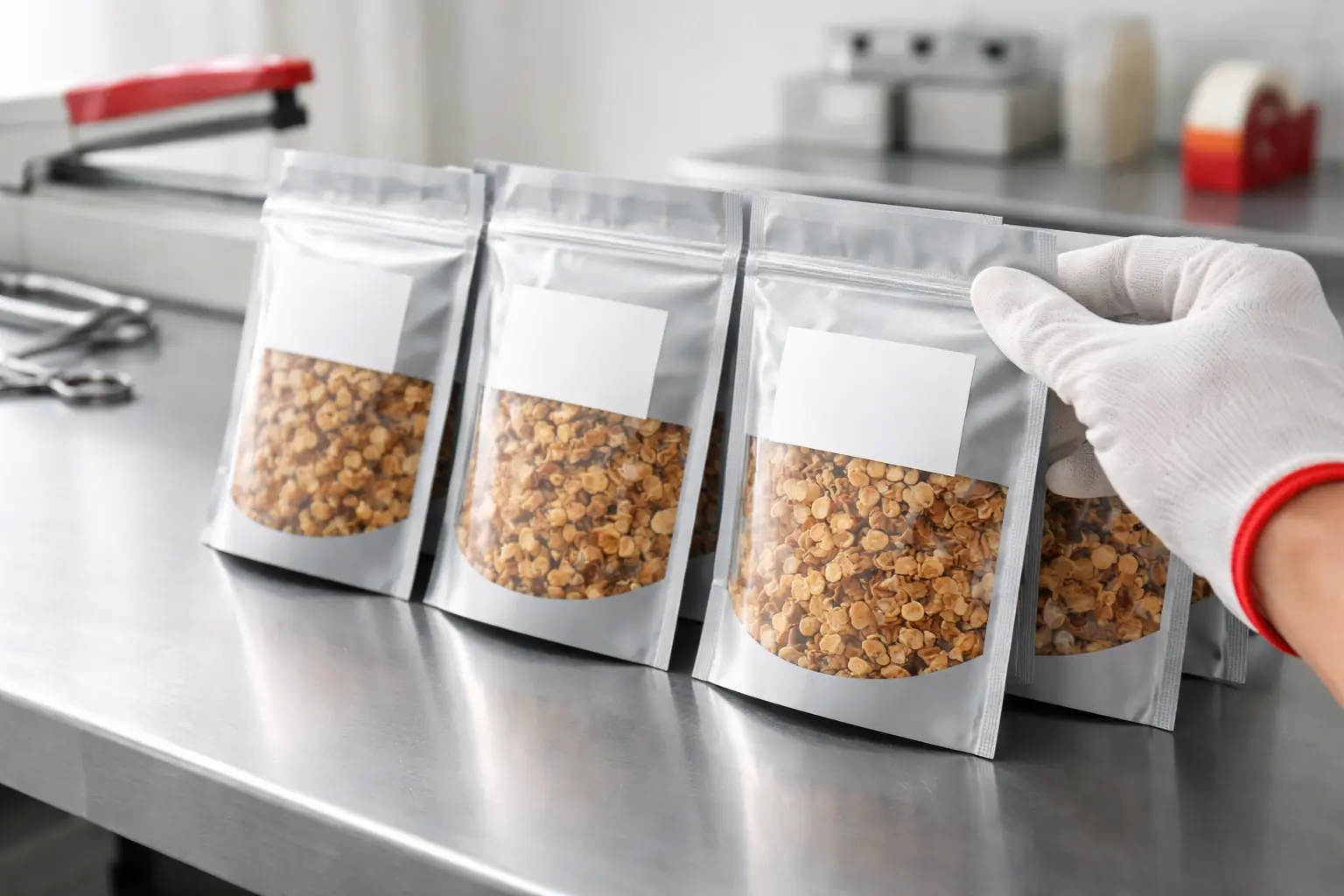 Gloved hand arranging filled stand up pouches