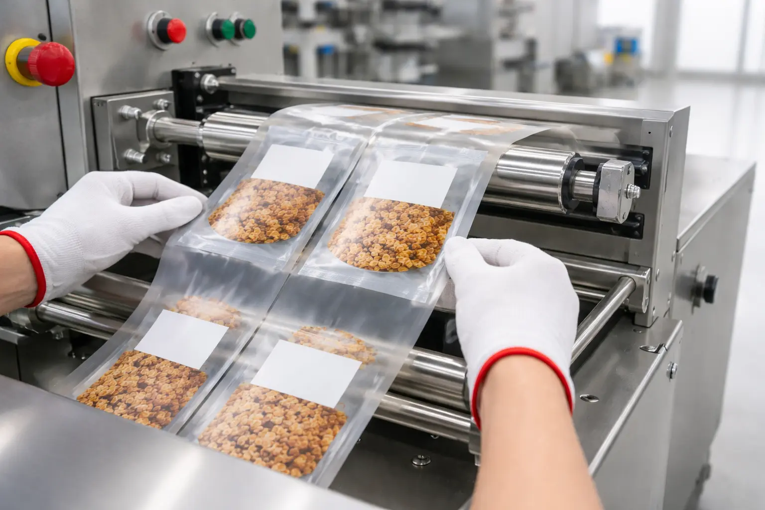 Machine with flexible packaging films for food products