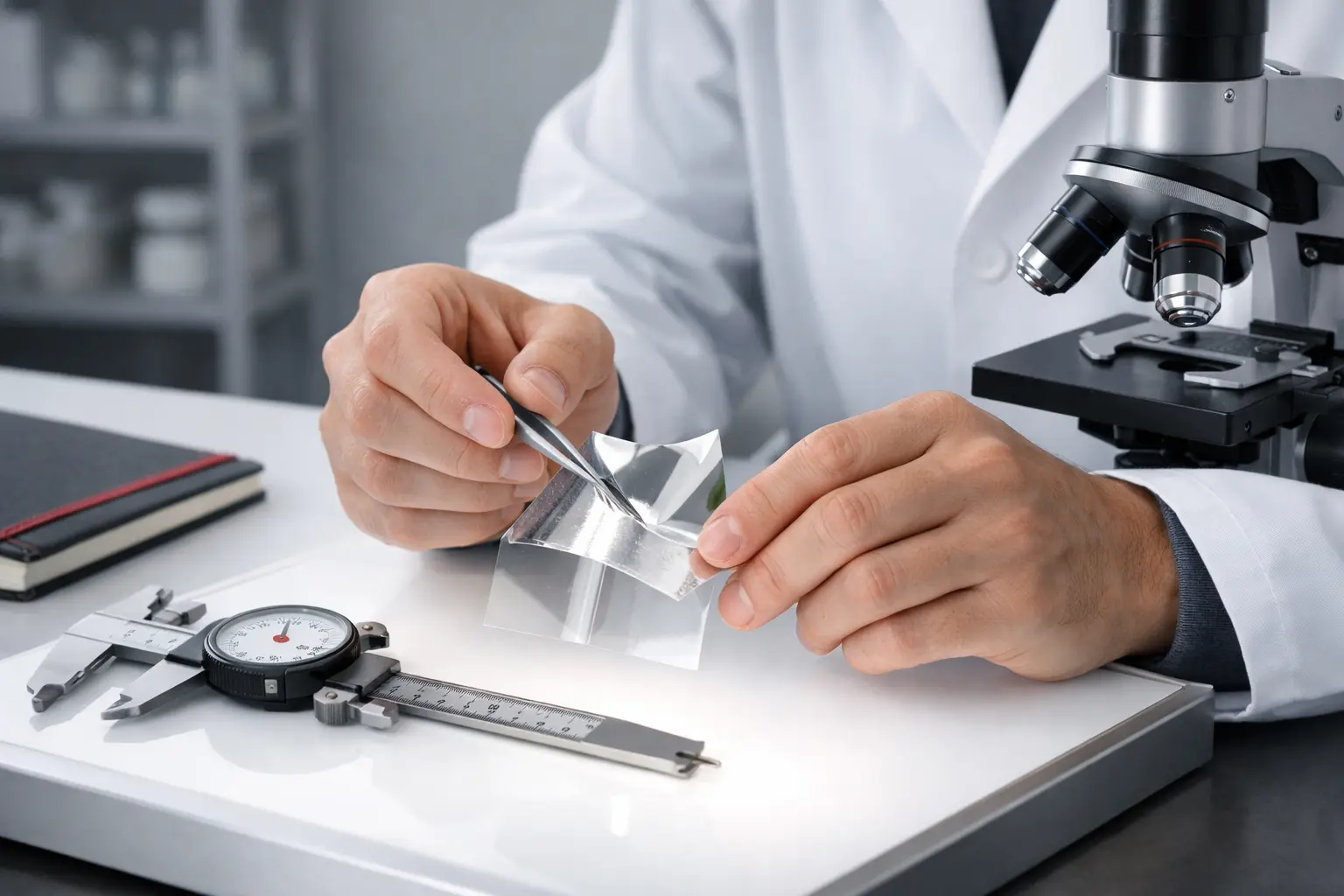 Scientist examining flexible packaging films in lab