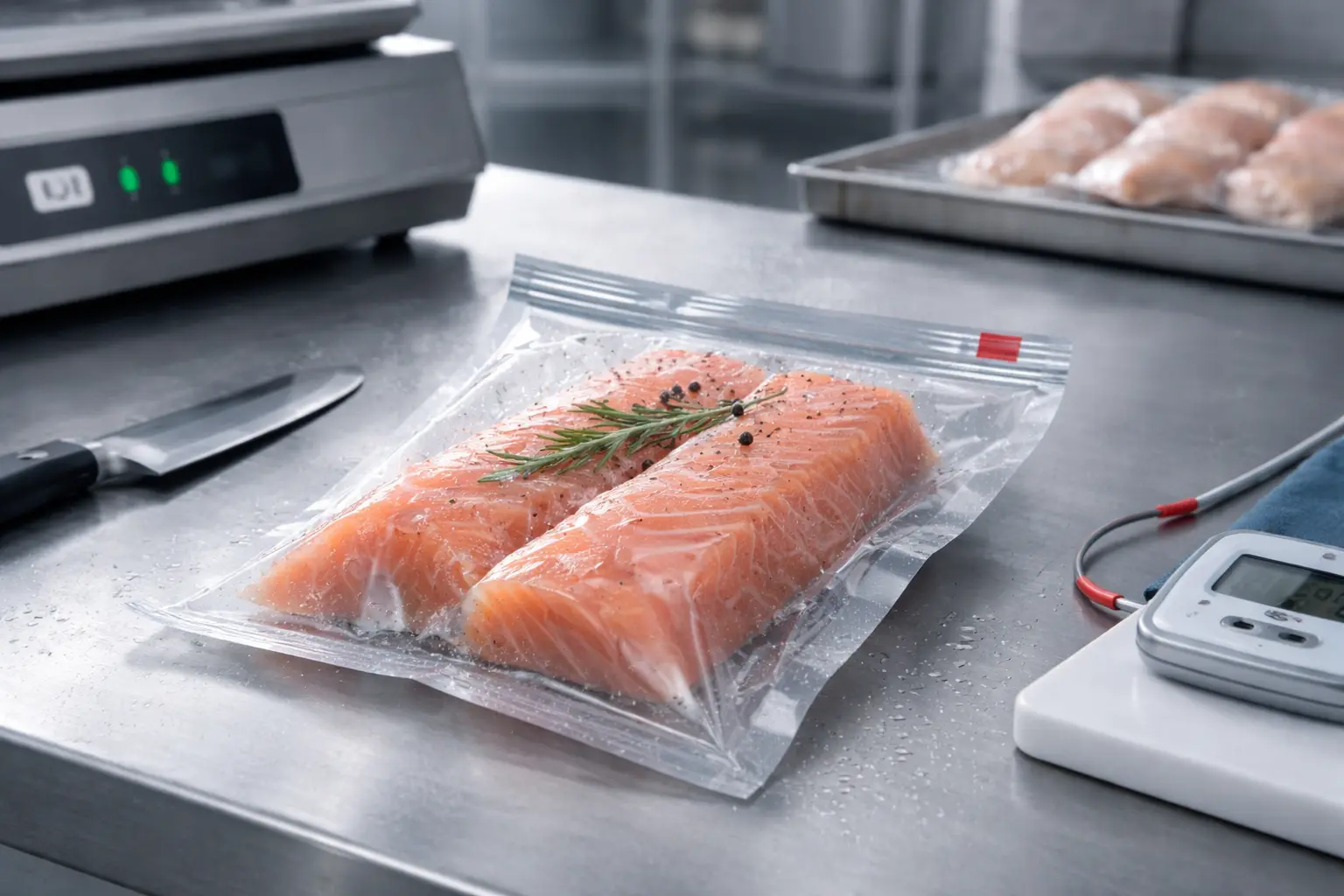 Vacuum-sealed salmon in clear flexible packaging