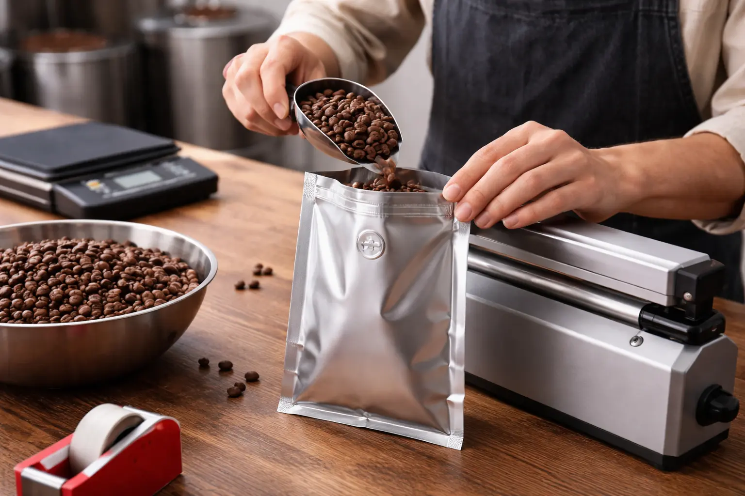 Coffee beans in flexible packaging film pouch