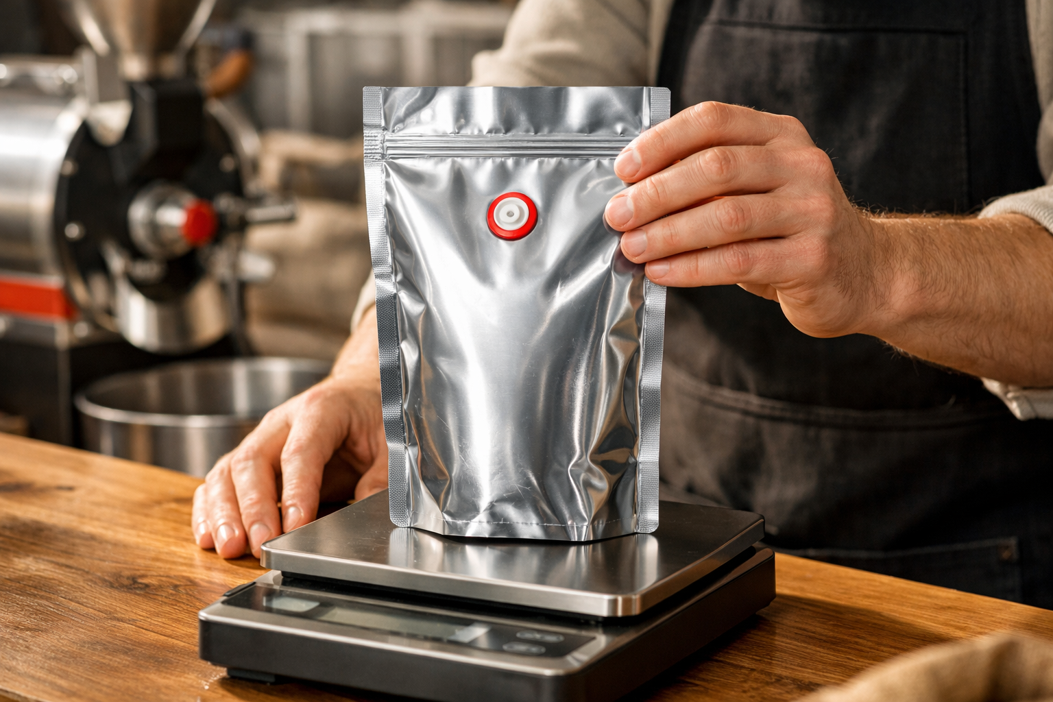 Vacuum-sealed bag on weighing scale