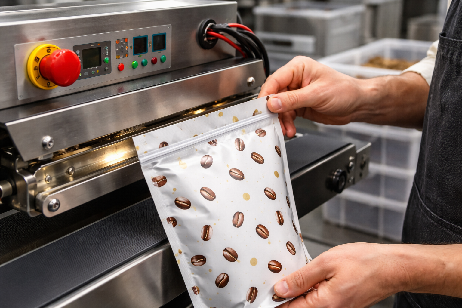 Coffee resealable bag in sealing machine