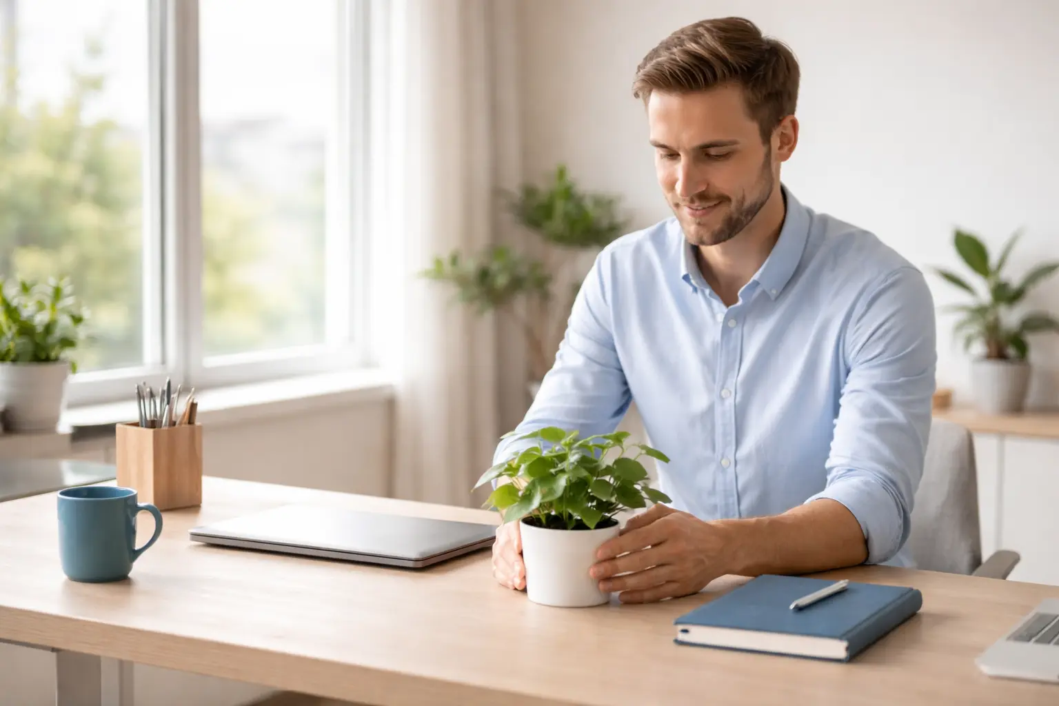 Person with a plant on a desk in a sunlit office