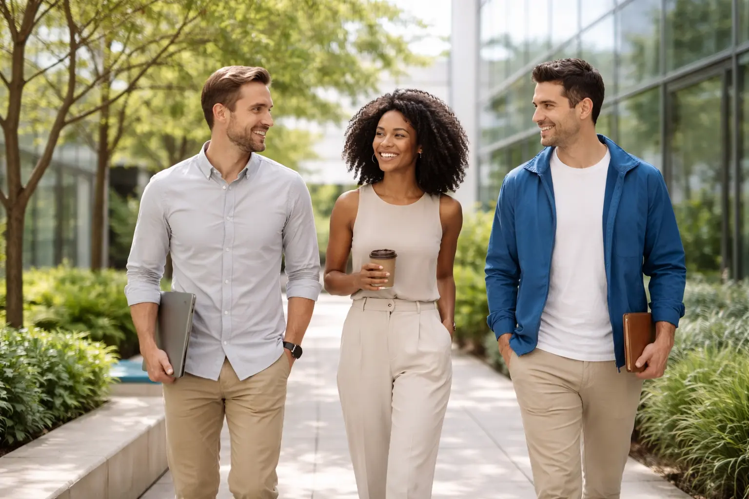 Group walking by a modern building on a sunny day
