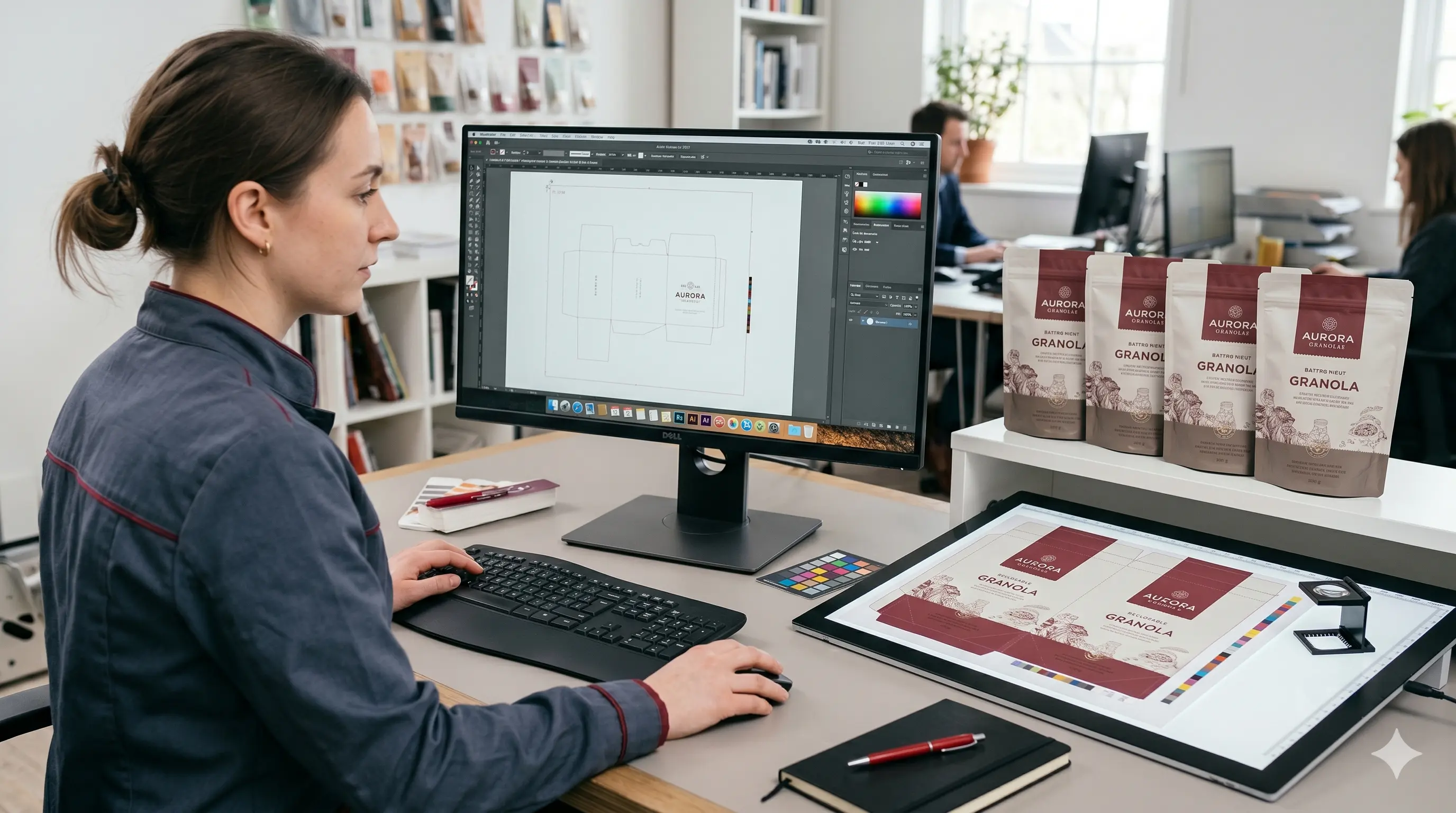 Designer working on computer with custom printed pouches on desk