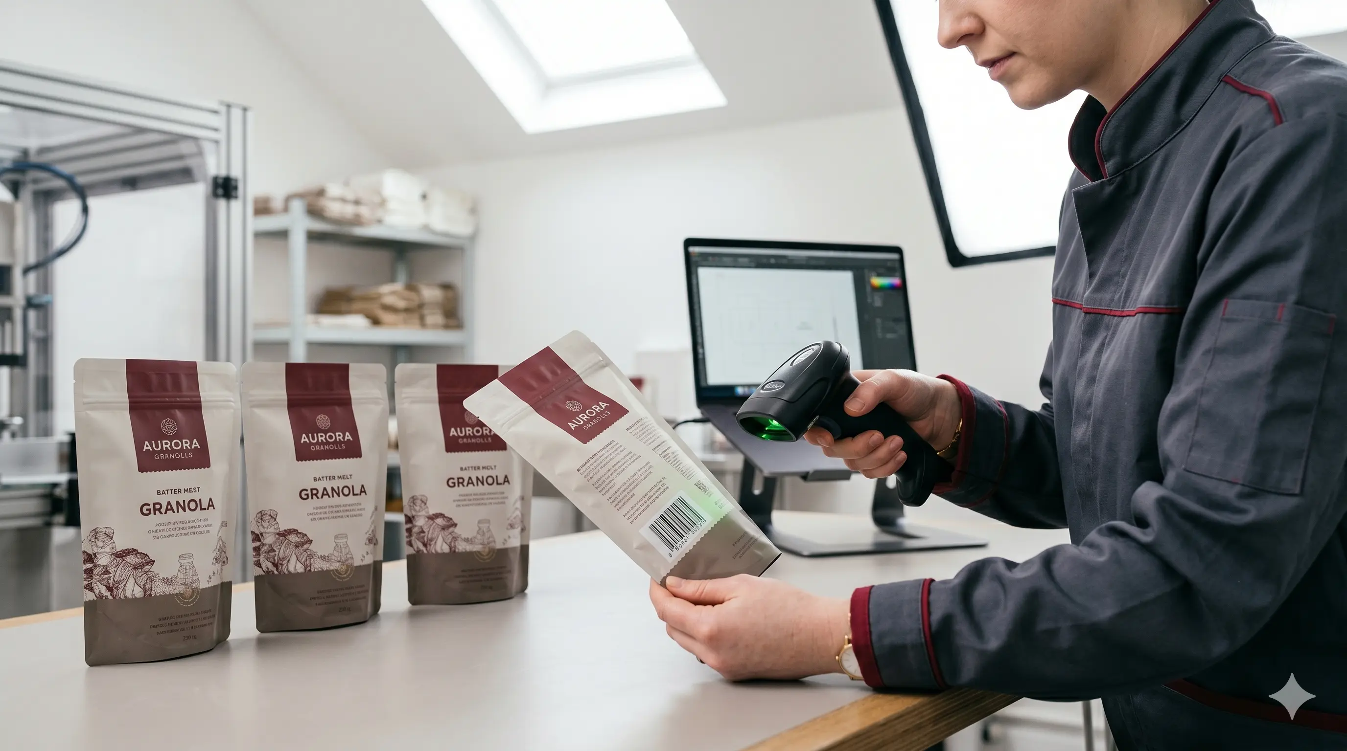 Technician scanning a custom printed pouch in production