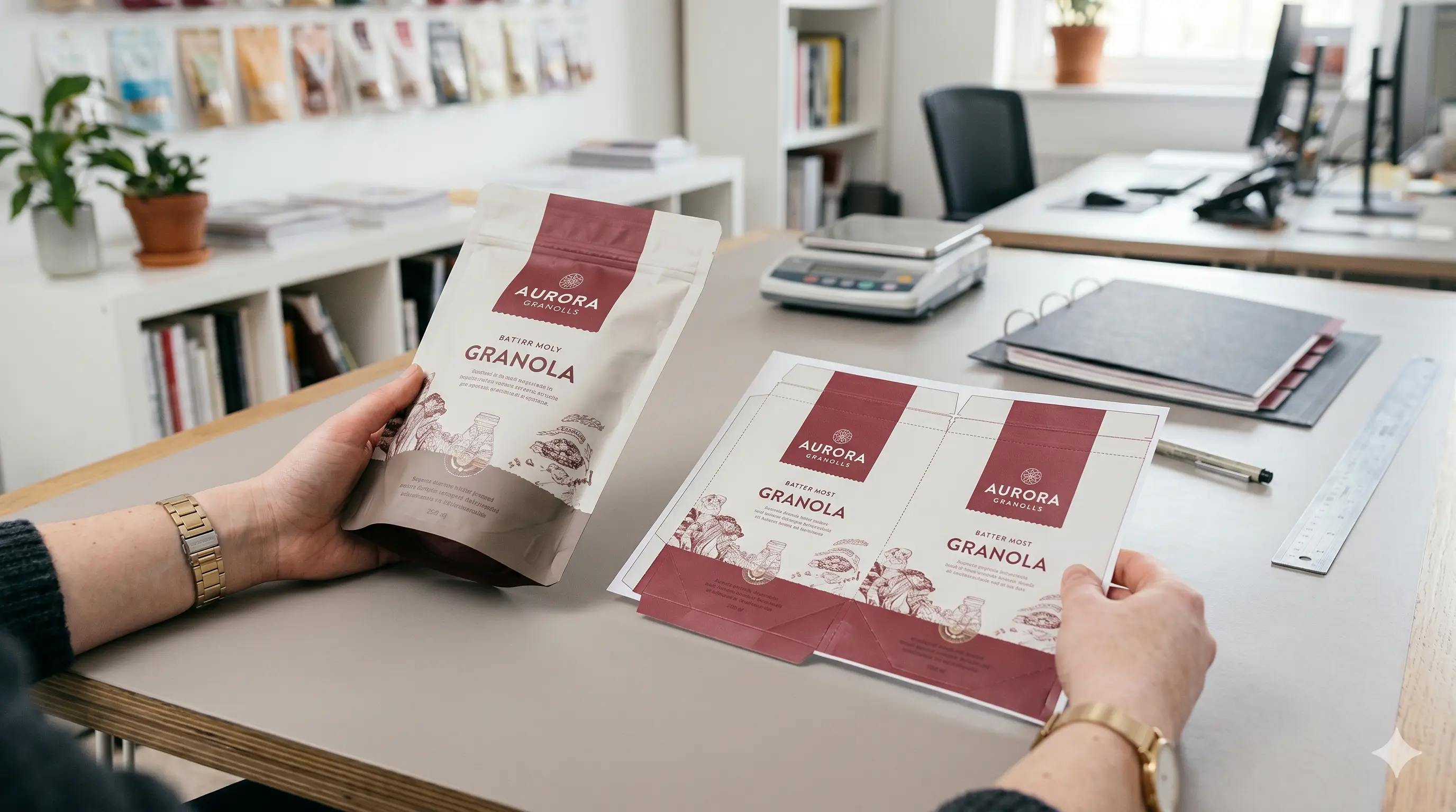 Printed pouch next to its design template