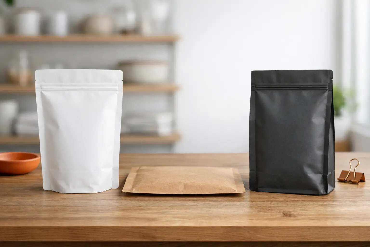 Custom stand up pouches in white, brown, and black on a wooden table