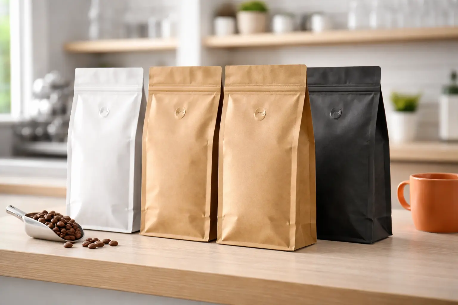 Custom stand up pouches with coffee beans on a countertop