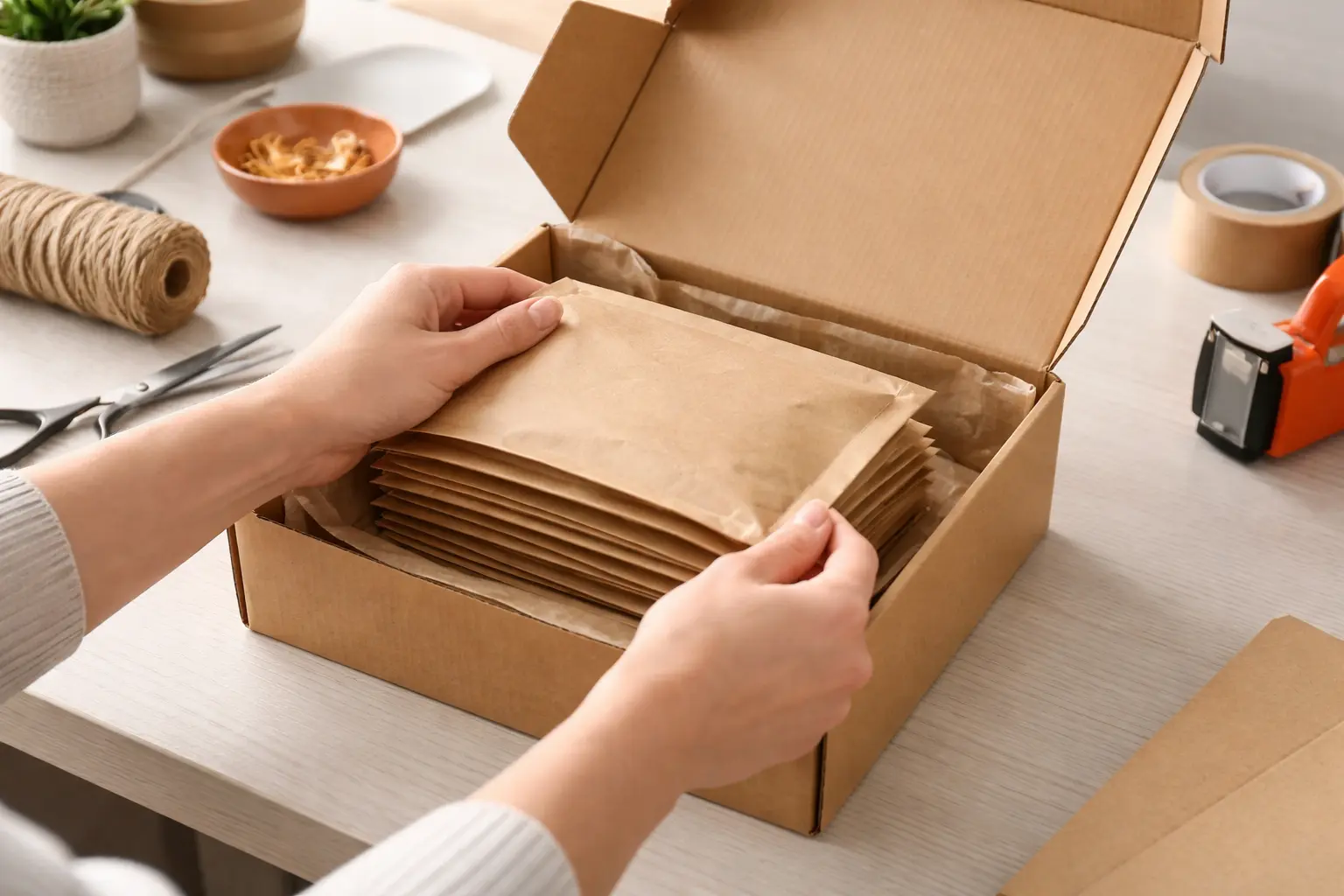 Packing brown quad seal pouches into a box