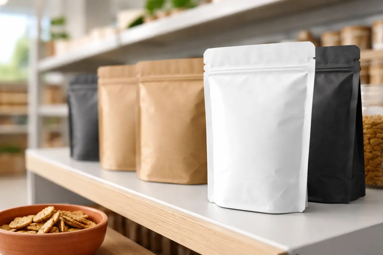 Custom stand up pouches displayed on a shelf with snacks