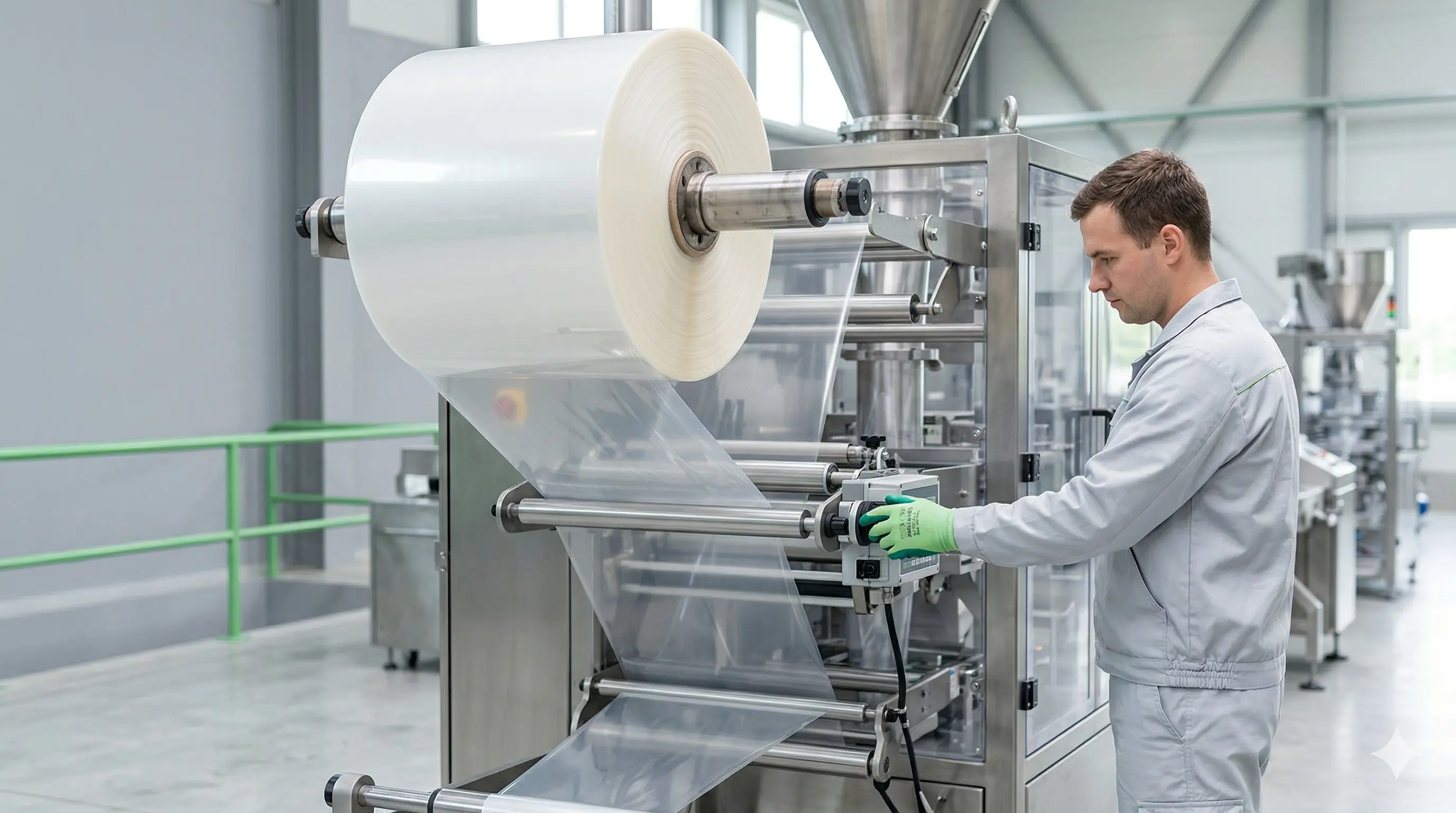 Technician working on rollstock packaging machine producing flexible film