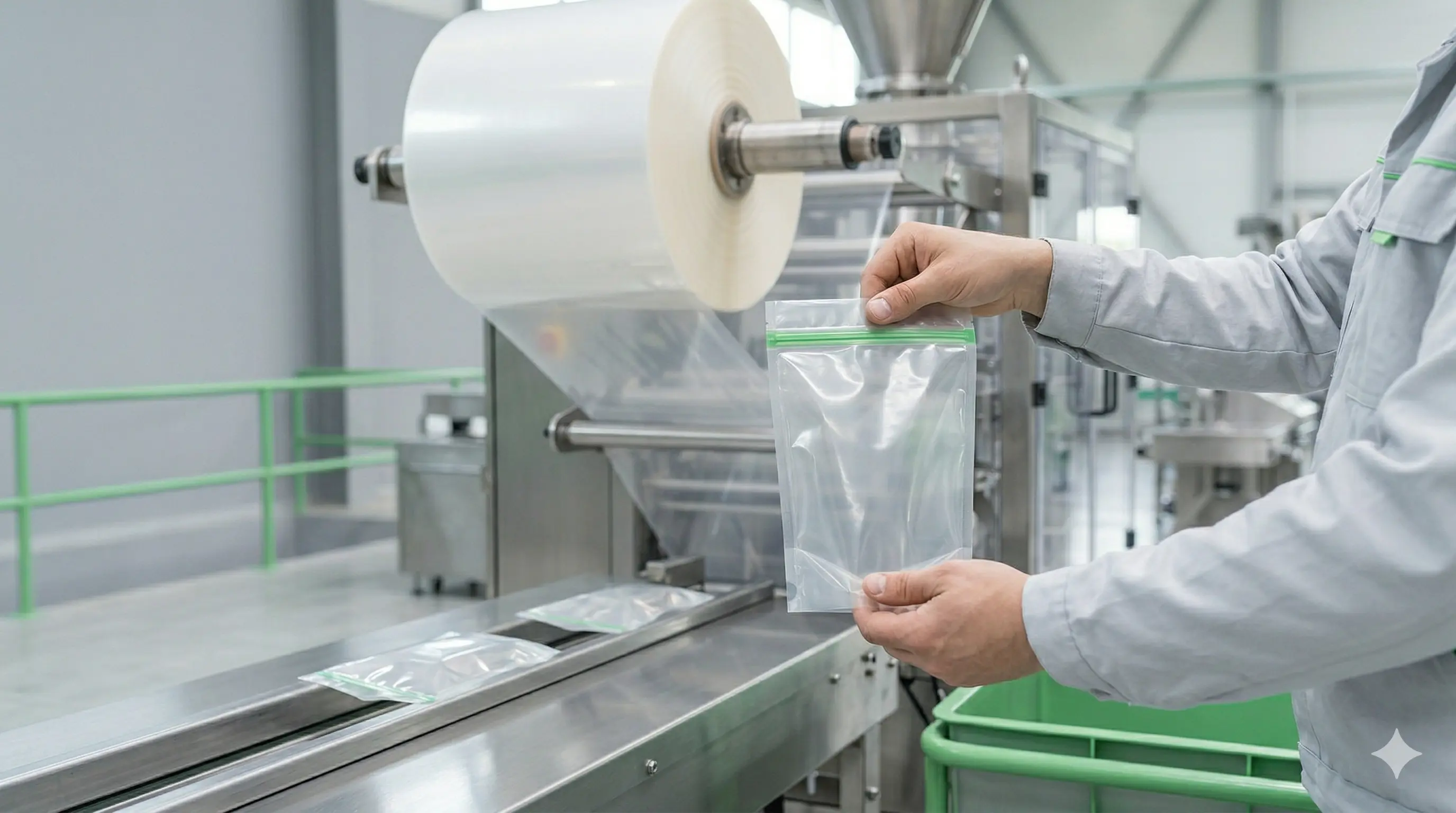 Flexible packaging created from rollstock film on production line